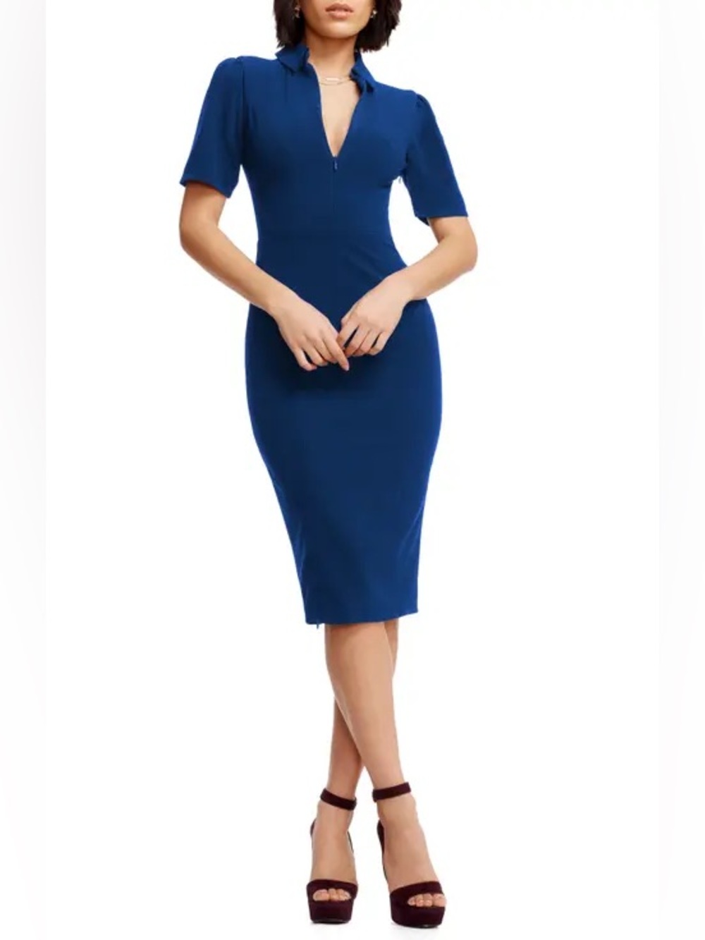 Dress the Population Gloria Blue Front Zip Pencil Sheath Dress Women's Small